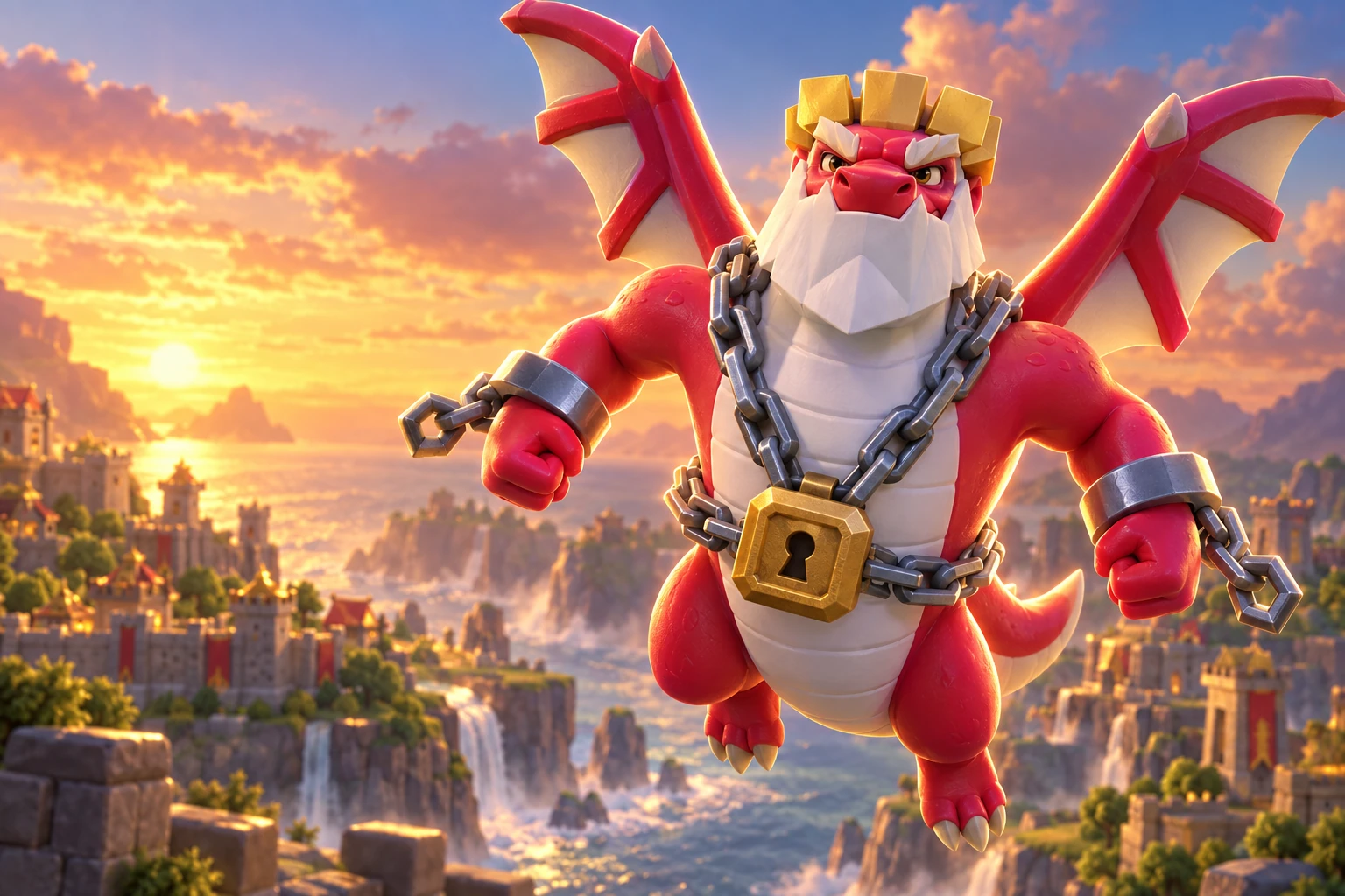 Dragon Duke with gold crest, chains and padlock above a sunset village